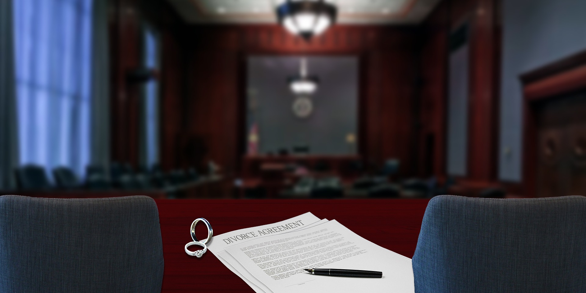 photo of divorce agreement on a courtroom table